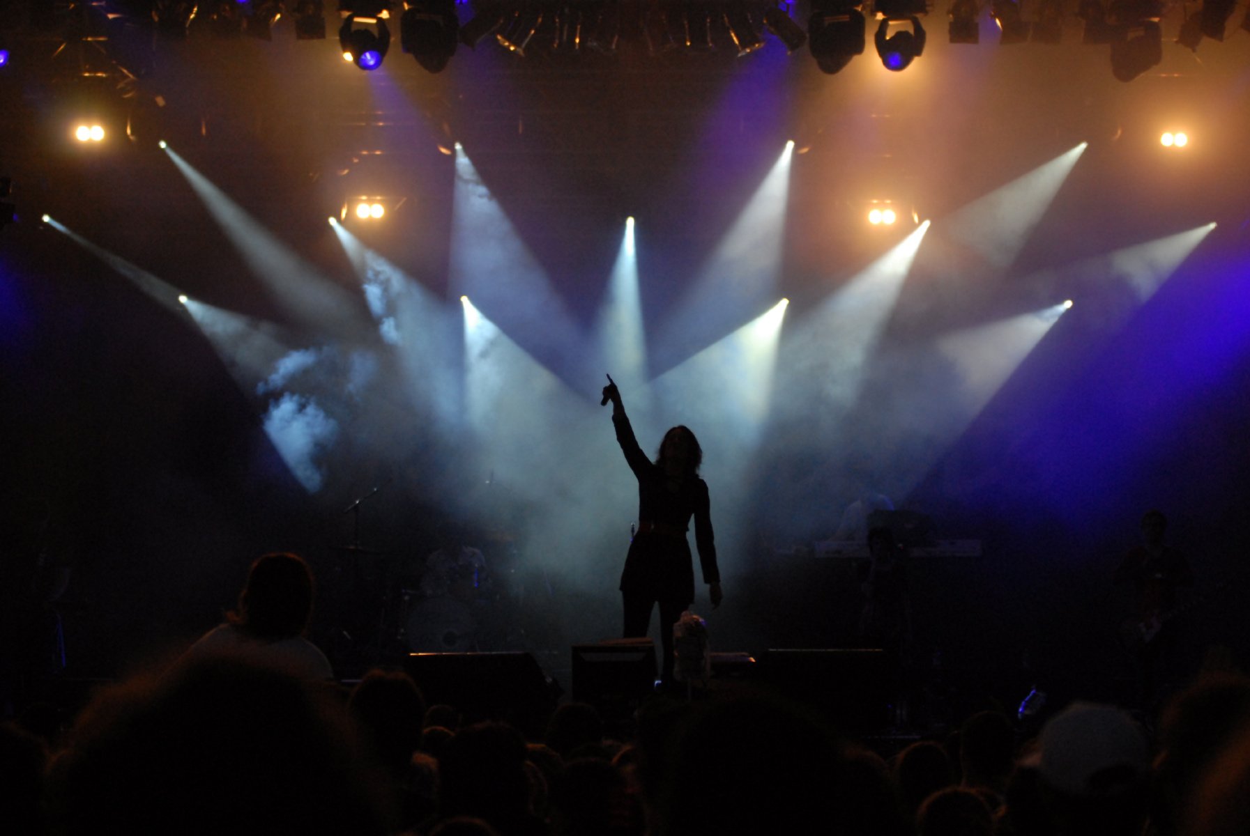 Silhouette of singer performing on stage under spotlights